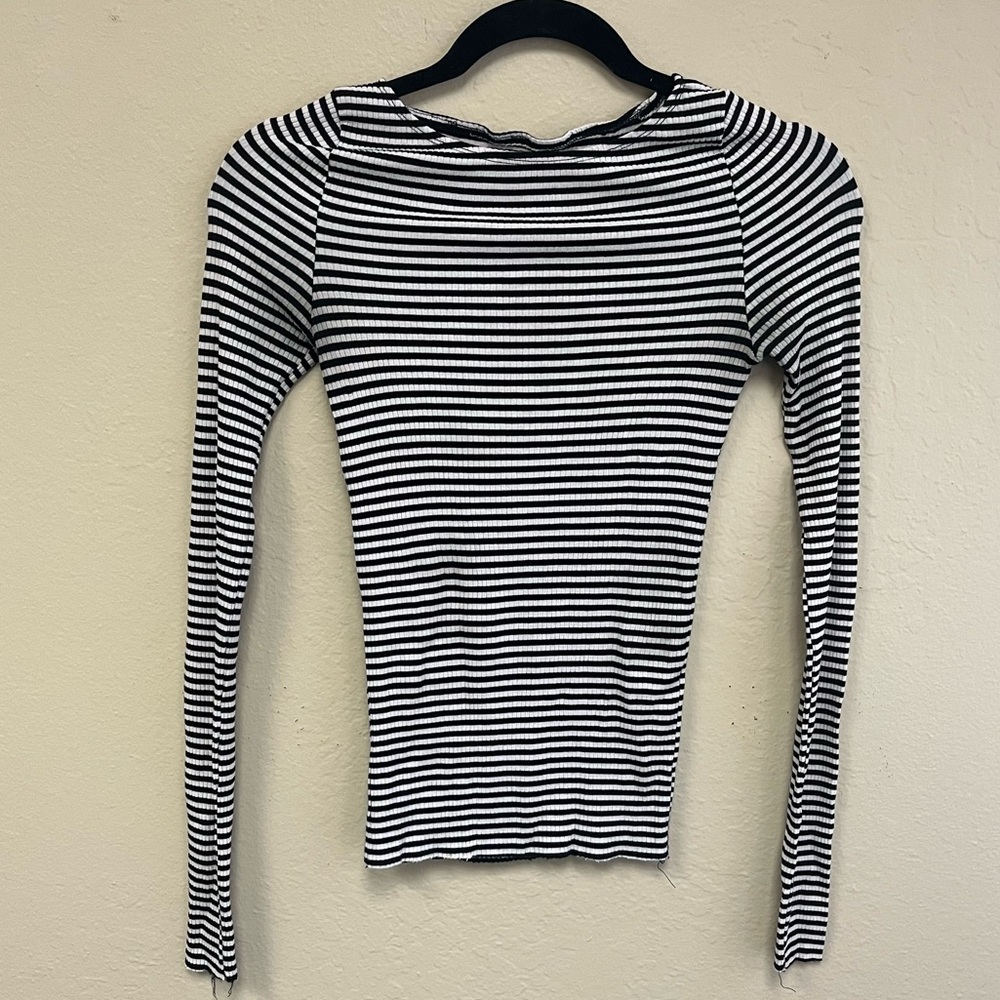Reformation XS/S Striped Knit Long Sleeve Top Recycled Fabric Raw Hem